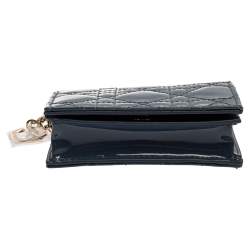 مملوكة مسبقًا Dior Dark Grey Cannage Patent Leather Mini Lady Dior Wallet