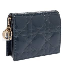 مملوكة مسبقًا Dior Dark Grey Cannage Patent Leather Mini Lady Dior Wallet