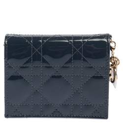 مملوكة مسبقًا Dior Dark Grey Cannage Patent Leather Mini Lady Dior Wallet