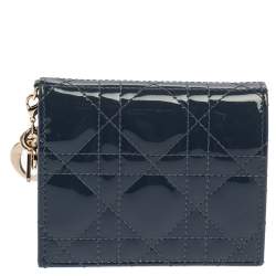 مملوكة مسبقًا Dior Dark Grey Cannage Patent Leather Mini Lady Dior Wallet