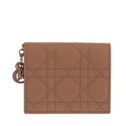 Pre Owned Dior Beige Ultramatte Cannage Leather Mini Lady Dior Wallet