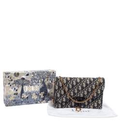 Pre Owned Dior Beige/Blue Oblique Canvas Saddle Wallet On Chain