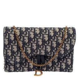 Pre Owned Dior Beige/Blue Oblique Canvas Saddle Wallet On Chain