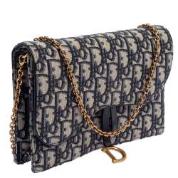 Pre Owned Dior Beige/Blue Oblique Canvas Saddle Wallet On Chain
