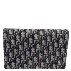 Pre Owned Dior Beige/Blue Oblique Canvas Saddle Wallet On Chain