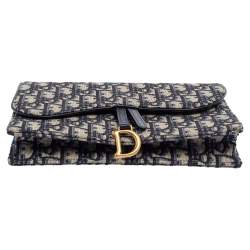Pre Owned Dior Beige/Blue Oblique Canvas Saddle Wallet On Chain