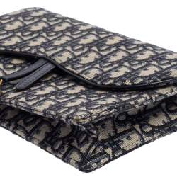 Pre Owned Dior Beige/Blue Oblique Canvas Saddle Wallet On Chain