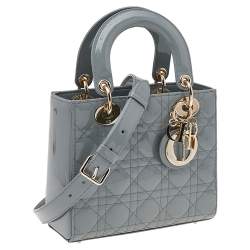 Pre Owned Dior Grey Cannage Quilted Patent Leather Small Lady Dior Bag