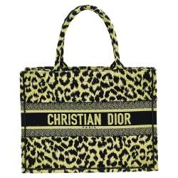 Dior Lime Green Canvas Mizza Embroidered Small Leopard Book Tote