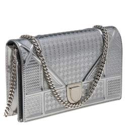 Pre Owned Dior Metallic Silver Micro Cannage Leather Diorama Wallet on Chain Clutch Bag