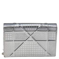 Pre Owned Dior Metallic Silver Micro Cannage Leather Diorama Wallet on Chain Clutch Bag