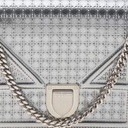 Pre Owned Dior Metallic Silver Micro Cannage Leather Diorama Wallet on Chain Clutch Bag