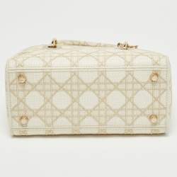 Pre Owned Dior Off White/Gold Embroidered Canvas Medium Lady D-Lite Tote
