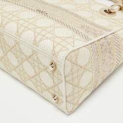 Pre Owned Dior Off White/Gold Embroidered Canvas Medium Lady D-Lite Tote
