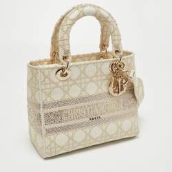 Pre Owned Dior Off White/Gold Embroidered Canvas Medium Lady D-Lite Tote
