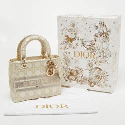 Pre Owned Dior Off White/Gold Embroidered Canvas Medium Lady D-Lite Tote