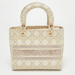 Pre Owned Dior Off White/Gold Embroidered Canvas Medium Lady D-Lite Tote