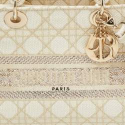 Pre Owned Dior Off White/Gold Embroidered Canvas Medium Lady D-Lite Tote