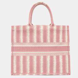 Dior Pink/White Oblique Embroidery Canvas D-Stripe Book Tote