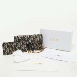 Pre Owned Dior Navy Blue Oblique Canvas and Leather Saddle Wallet On Chain