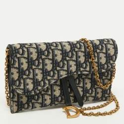 Pre Owned Dior Navy Blue Oblique Canvas and Leather Saddle Wallet On Chain