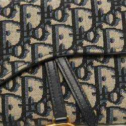 Pre Owned Dior Navy Blue Oblique Canvas and Leather Saddle Wallet On Chain
