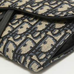 Pre Owned Dior Navy Blue Oblique Canvas and Leather Saddle Wallet On Chain