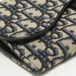 Pre Owned Dior Navy Blue Oblique Canvas and Leather Saddle Wallet On Chain