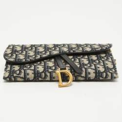 Pre Owned Dior Navy Blue Oblique Canvas and Leather Saddle Wallet On Chain