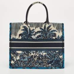 Pre Owned Dior Navy Blue/White Palms Embroidered Canvas Large Book Tote 
