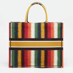 Dior Multicolor D-Striped Embroidered Canvas Large Book Tote 