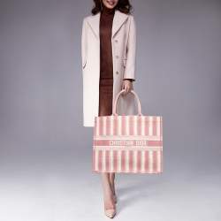 Dior Pink/White Embroidered Canvas D-Stripe Book Tote