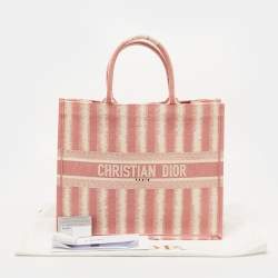 Dior Pink/White Embroidered Canvas D-Stripe Book Tote