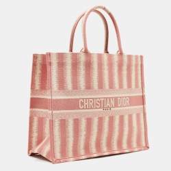 Dior Pink/White Embroidered Canvas D-Stripe Book Tote