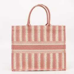 Dior Pink/White Embroidered Canvas D-Stripe Book Tote