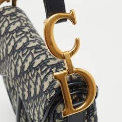 Pre Owned Dior Blue Oblique Canvas and Leather Saddle Bag