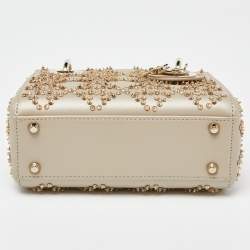 Pre Owned Dior Beige Beaded Embellished Leather Mini Lady Dior Tote