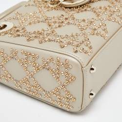 Pre Owned Dior Beige Beaded Embellished Leather Mini Lady Dior Tote