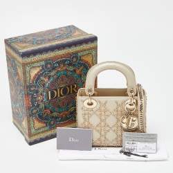 Pre Owned Dior Beige Beaded Embellished Leather Mini Lady Dior Tote