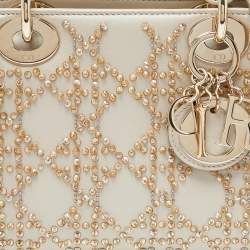 Pre Owned Dior Beige Beaded Embellished Leather Mini Lady Dior Tote