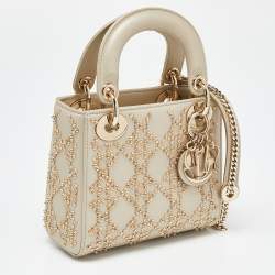 Pre Owned Dior Beige Beaded Embellished Leather Mini Lady Dior Tote