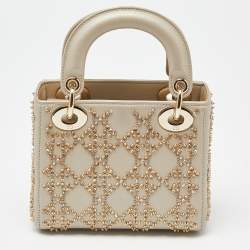 Pre Owned Dior Beige Beaded Embellished Leather Mini Lady Dior Tote