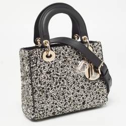 Pre Owned Dior Black Leather Sequins and Crystal Embellished Small Lady Dior Tote