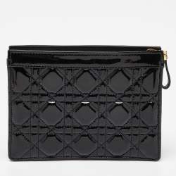Dior Black Cannage Patent Leather Caro Zipped Chain Pouch