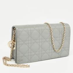 Pre Owned Dior Grey Cannage Patent Leather Lady Dior Chain Pouch
