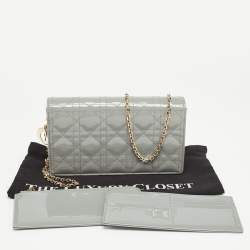 Pre Owned Dior Grey Cannage Patent Leather Lady Dior Chain Pouch