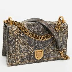 Pre Owned Dior Black/Beige Karung Leather Small Studded Diorama Shoulder Bag