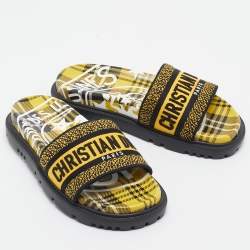 Dior Yellow/Black Embroidered Canvas Dway Pool Slides Size 36.5