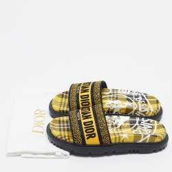 Dior Yellow/Black Embroidered Canvas Dway Pool Slides Size 36.5