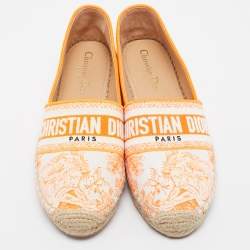 Dior Neon Orange/White Embroidered Canvas Granville Espadrille Flats Size 38.5